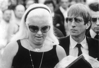 With close friend Diana Dors at Violet Kray\'s funeral, east London, August 11 1982.