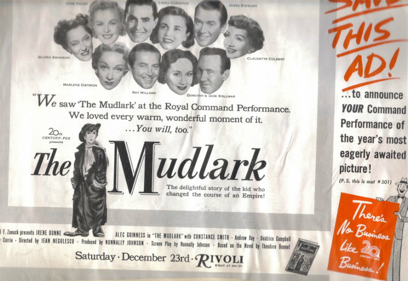 Gloria Swanson, Jimmy Stewart, Marlene Dietrich et al endorse The Mudlark, 1950.